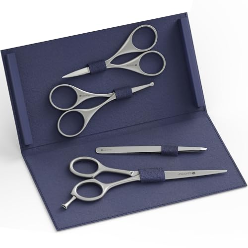 Suvorna Premium Beard & Mustache Set with Beard scissors for men - Facial Hair/Nose/Eyebrow Scissors - Slant Tweezers (4 Pcs Dark Blue)