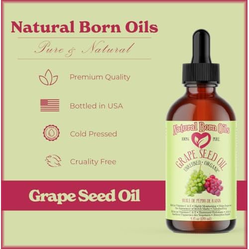 Natural Born Oils Grape Seed Oil, 8 oz, Organic, Cold?Pressed, Antioxidant?Rich, Skin Hydration, Hair Shine Enhancer