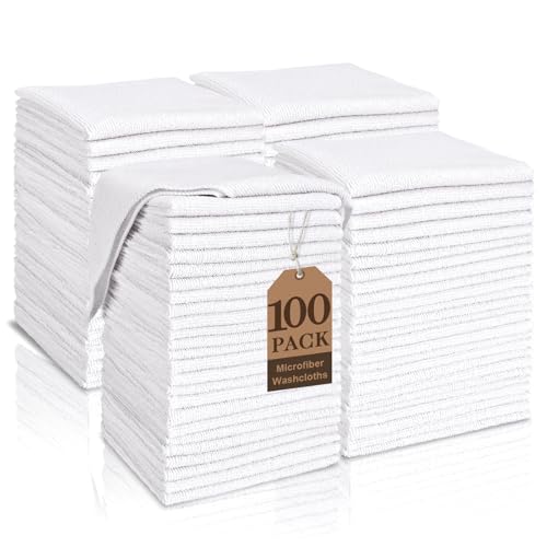 White Washcloths 100 Pack, Highly Absorbent & Quick Drying Face Towels, Premium Quality Soft Bath Towels, Multipurpose Microfiber Wash Cloths, 12x12 inches