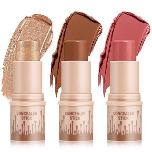Boobeen 3 Pcs Contour & Highlighter & Blush Stick, Contour Beauty Kit, Creamy Smooth Contouring Stick, Natural Highlighting Stick, Waterproof and Long Lasting Makeup
