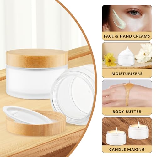 4 Pack 200ml/6.8 oz Glass Jars,Refillable Round Wide-mouth Jars Pot with Bamboo Lids,Empty Cosmetic Storage Containers for Lotion,Spice,Powder,Body Butter,Moisturiser,Cream,Candle Making (Frosted)