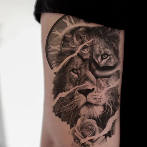 2 Sheets Realistic Animal Temporary Tattoos Stickers Clock Lion Rose Mechanics Designs For Men Waterproof Arm Leg Fake Body Art, Gym & Parties Bold Masculine Decals