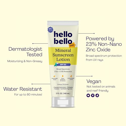 Hello Bello Baby Mineral Sunscreen SPF 50 Lotion - Broad Spectrum Sun Protection for Sensitive Skin - Water Resistant with Antioxidants - 5oz