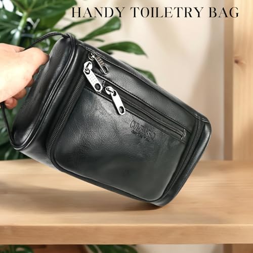 Mens Toiletry Bag, Upgraded Compact Dopp Kit for Men Travel, PU Leather Shaving Kit, Water-Resistant Minimalist Organizer with Wrist Strap, Fits Full-Size Essentials,Black
