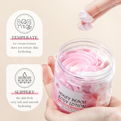 Honey Peach Body Lotion,Hydrating & Nourishing Body Butter with Ice Cream Texture,Intense Moisture,Light & Non Greasy Makes Skin Smooth & Firm,Whipped Body Butter Cream for Dry Skin 6.3 Oz