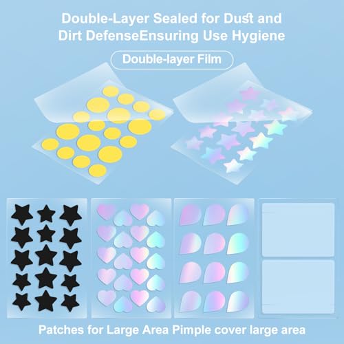 Pimple Patches for Face, Various styles, colors, Large Hydrocolloid Pimple Patches, 150 Count Pimple Patche, Good for blemishes with a head and visible gunk, With a Cute mirror case