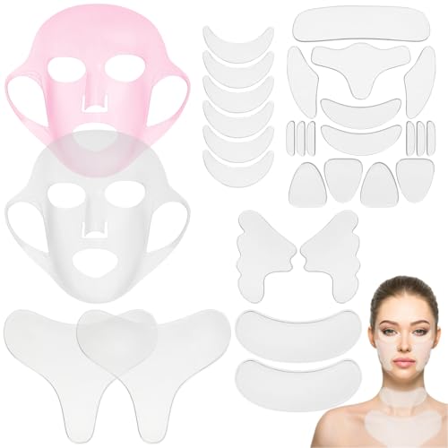 OMISTAR 32 Pcs Anti Wrinkle Silicone Patches, Forehead Neck Face Chest Wrinkle Pads, Reusable Skin Care Patches, Soft and Comfortable, Facial Mask Kit for Smoothing, Mask & Line Remover Set
