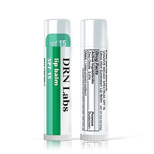 SPF 15 Mineral Sunscreen Lip Balm - Vegan and Cruelty Free Broad Spectrum UVA/UVB Lip Care - lemon and mint scent - for Hydration, Sun Protection by DRN Labs. 0.15 oz (0.15 oz, 1)