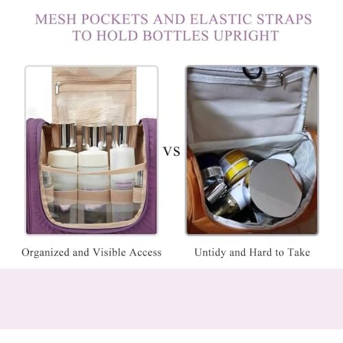 BAGSMART Large Travel Toiletry Bag for Women, Hanging Toiletry Bag with Hook, Travel Cosmetic Makeup Bag Travel Organizer for Accessories, Shampoo, Full Sized Container, Toiletries,Purple-Large