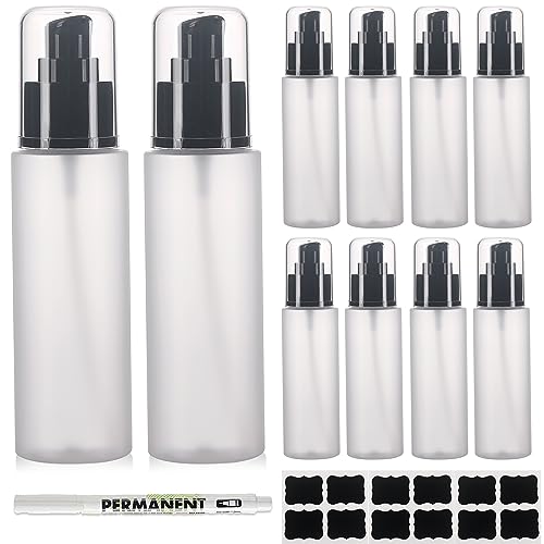 SOOKDEO Mini Dispenser Portable Free Refillable Bottle with Pump & Lid for Travel Shampoo Conditioner Shower Soap Work Hand Dish Soap Lotion Makeup Essential Oil, 10 Pack, 3oz, 100ml (Cream White)