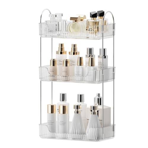 Bathroom Organizer Countertop, Vanity Trays, Skincare Makeup Organizer Shelf, Counter Shelf for Cosmetics, Toiletries, Lotions, Perfumes (3 Tiers, Clear)
