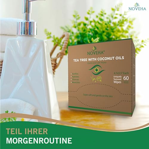 NOVEHA 60PCs Tea Tree & Coconut Oil Eyelid & Lash Wipes - For Demodex, Blepharitis & Itchy Eyes, Individually Wrapped Eyelash Wipes With Aloe Vera, Natural Makeup Remover & Daily Eye Cleanser