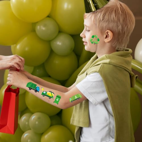Garbage Trash Truck Temporary Tattoos - 8 Sheets 328 Pcs Trash Truck Birthday Decorations Green Recycling Rubbish Truck Party Favors Waste Management Tattoo Stickers for Kids Classroom Prizes Rewards