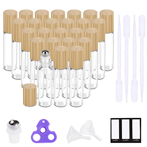 PrettyCare Essential Oil Roller Bottles 10ml (24 Pack Clear Glass Bottle with Bamboo Lid, 4 Extra Roller Balls£¬48 Labels, 2 Openers, 2 Funnels, 4 Droppers, Roller Balls For Essential Oils