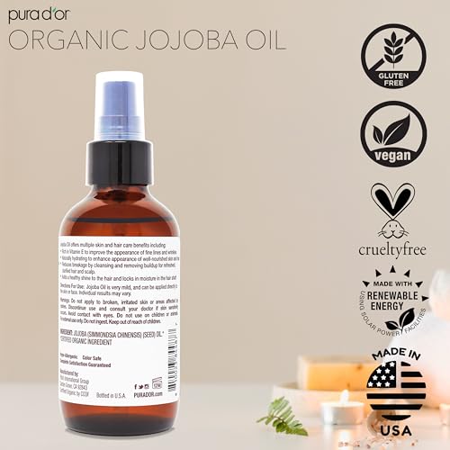 PURA D'OR 4 Oz Organic Jojoba Oil - USDA Certified - 100% Pure & Natural Moisturizer - Cold Pressed, Unrefined, Hexane Free Base Carrier Oil For DIY Skin Care, Hair, Face & Nails