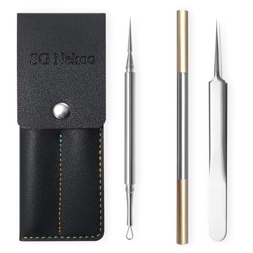 SGNEKOO Professional Facial Milia Removal Tool and Whitehead Extractor,Titanium Alloy Double Ended Needle and Steel Tweezers Kit,Blackhead,Blemish,Zit and Pimple Acne Remover Popper (Stainless Pink)