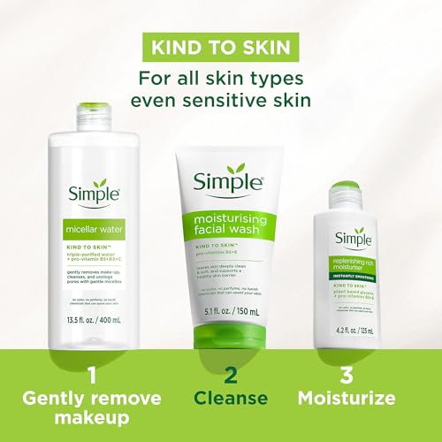 Simple Kind To Skin Moisturizing Face Wash - Facial Cleanser with Vitamin B5 and E - Removes Oil, Dirt, and Other Impurities - Sulfate Free - 6 pc