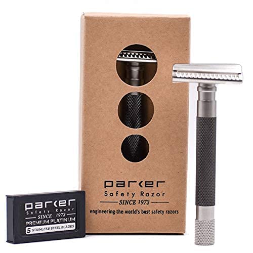 Parker Semi-Slant Safety Razor ? Graphite Finish | Close Shaving Double Edge Razor for Sensitive Skin & Coarse Hair | Slanted Precision Head + 5 Platinum DE Blades | Iconic Brand