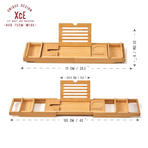 XcE Bamboo Bathtub Caddy Tray - Expandable to 41 Inches with Book Stand, Soap Holder & Anti-Slip Pads for Luxury Bath Spa, Natural