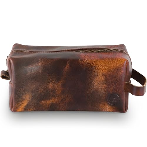 Premium Leather Toiletry Bag For Men - Travel Bag, Shaving Kit Bag & Toiletry Organizer - Full Grain Leather (Double Zip, Antique)