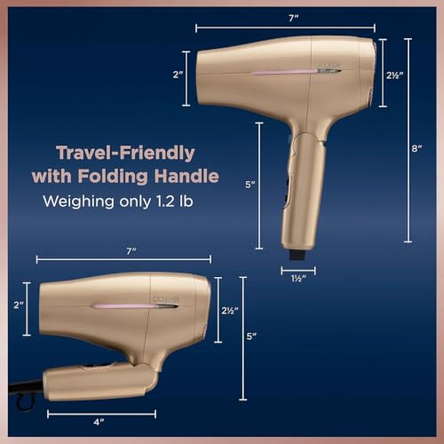 Conair 1875W Worldwide Travel Hair Dryer ? Dual Voltage, Folding Handle, Ionic Technology ? Champagne Compact Travel Blow Dryer for International Use