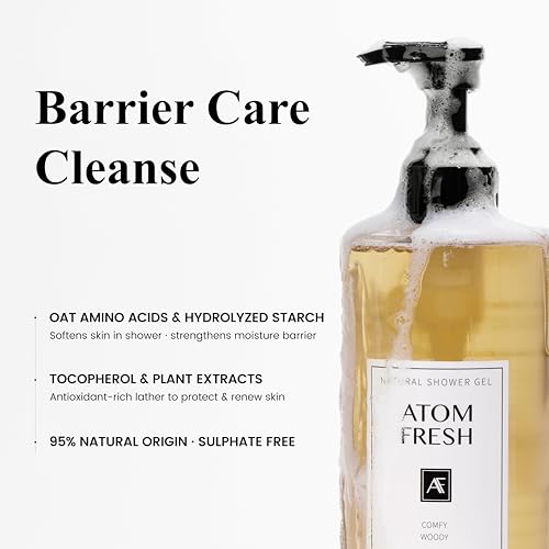 Atom Fresh Fine Fragrance Body Wash ? Comfy Woody Scent | Gentle Amino-Acid Cleanser with Oat, Soapberry & Vitamin E | Plant-Based & Sulfate-Free, 16.94 fl oz