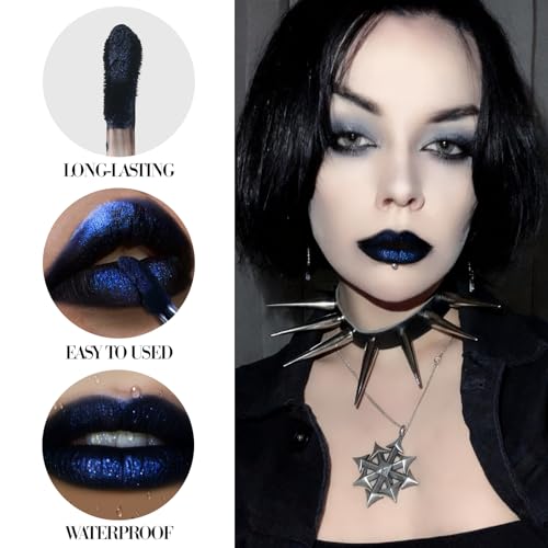 Blue Goth Lip Gloss, Matte Black Base Glitter Blue Lipstick, High Coverage Long Last Waterproof Metallic Dark Blue Lip Stain for Women, Non-Sticky Lipstick for Daily, Party, Halloween Witch, Vegan #07