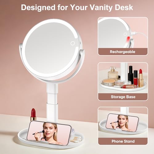 Lighted Makeup Mirror with 10X Magnification, Rechargeable LED Magnifying Vanity Mirror with 3 Lights, Adjustable Height, Storage Base and Phone Holder, Gift for Women, White, 7 inch
