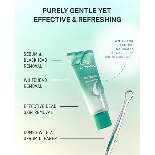 BRING GREEN Tea Tree Cica Sebum Cleaning Gel Set | Korean Blackhead Remover & Pore Minimizer with Pore Cleaner Tool | Sebum Softener for Face, Nose & Chin | Gentle Alternative to Pore Strips & Vacuums