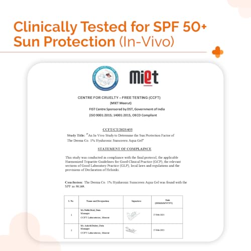 The Derma Co 1% Hyaluronic Sunscreen Aqua Gel with SPF 50 & PA++++ | Broad Spectrum UVA/B & Blue Light Protection | Lightweight & Quick Absorbing with Vitamin E | 1.76 Oz/50g