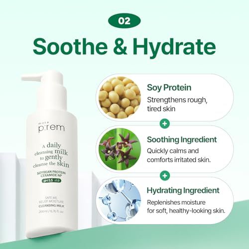 MAKE P:REM Safe Me. Relief Moisture Cleansing Milk, Hydrating Gentle Face Wash for Sensitive Skin with Soy Protein, Korean Milky Cleanser, Korean Skin Care, 3.38 fl.oz (100ml, Refill Pouch)