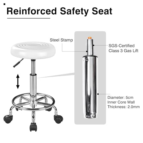 VECELO Hydraulic Salon Stool with Wheels, Height Adjustable PU Leather Swivel Seat, 300 lb Capacity (White)