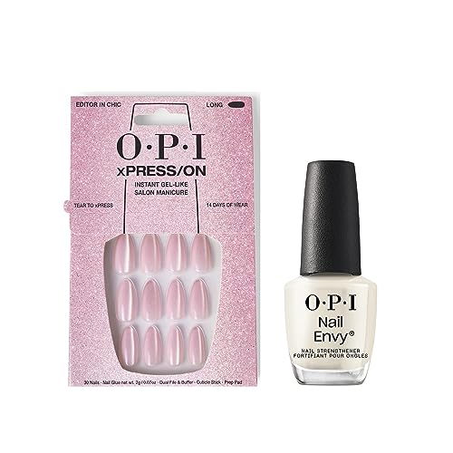 Bundle of OPI xPress/ON Press On Nails, With Nail Glue, Long Baby Pink Velvet Almond Shape Nails, Editor in Chic + OPI Nail Envy, Nail Strengthening Treatment, Vegan Formula, 0.5 fl oz