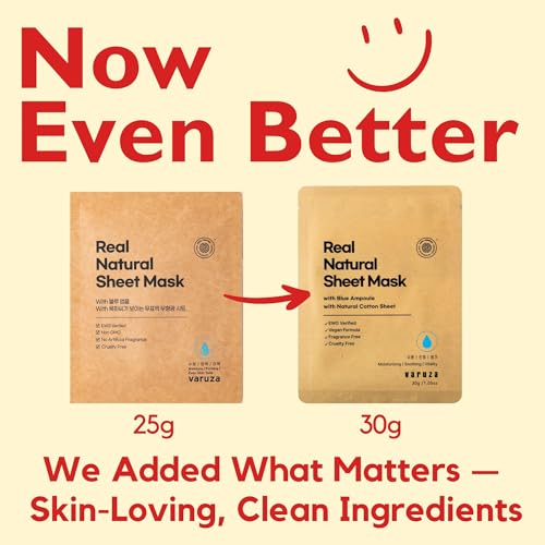 varuza] Real Natural Sheet Mask ? EWG VERIFIED, Vegan Face Mask for Hydration, Non-GMO, No Artificial Fragrance, Made in Korea (5 PACK, BLUE AMPOULE)