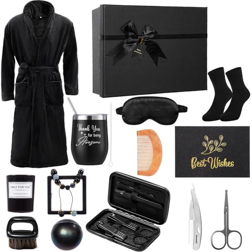 Nuogo 15 Pcs Birthday Gifts for Men Beard Care Set for Him Father's Day Gifts Basket Ideas Kit for Men Tumbler Bath Robe for Dad Husband Boyfriend Box(Black)
