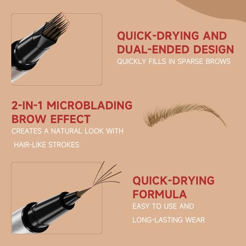 DUDUDU Eyebrow Pen for Women - Dual-Ended Microblading Pen with Multi-Prong Tip & Brow Brush, Waterproof, Creates Realistic 4D Hair-Like Strokes, Long-Lasting Light Brown