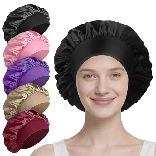 5 Pack Satin Bonnet for Women, 30cm Adjustable No-Slip Sleep Cap for Curly Hair, Breathable Head Wrap for Sleeping & Skincare