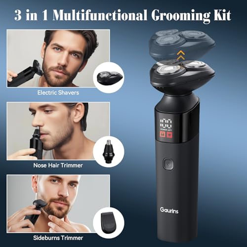 Electric Razor for Men,3 in 1 Men's Rotary Shavers with Charging Stand, IPX7 Waterproof Hygiene Trimmer for Beard/Nose/Sideburns, USB-C Fast Charging, LED Display Travel Lock,Matte Black