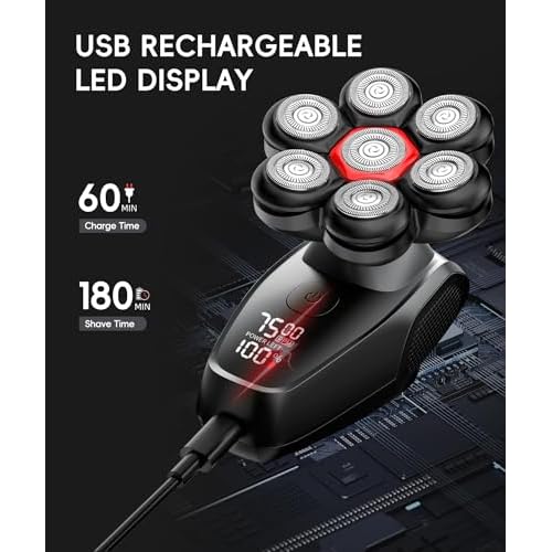 Head Shavers for Bald Men - IPX8 Waterproof Electric Razor for Wet/Dry Use with LED Display, USB-C Fast Charge & 5 Attachments Black