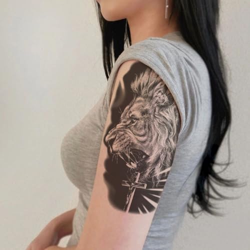 2 Sheets Realistic Animal Temporary Tattoos Stickers Black Lion Cross Designs For Men Waterproof Arm Leg Fake Body Art, Gym & Parties Bold Masculine Decals