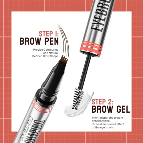 2-in-1 Microblading Eyebrow Pen with 4-Fork Tip Brow Pen + Clear Shaping Brow Gel, Long-Lasting Waterproof Smudge-Proof Eyebrow Pen, Natural-Looking, Dual-Action for Precise Shaping (02# Dark Brown)