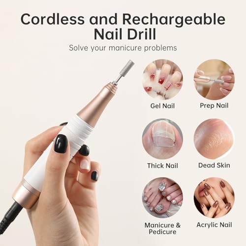 Electric Nail Drill, 40000RPM Cordless Nail File with 12 Drill Bits for Acrylic Nails Gel Polishing, E File Professional, Nail Kit Machine for Manicure Salon Home AB Diamond