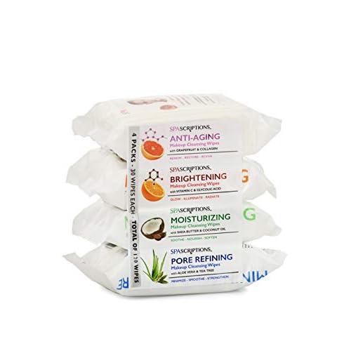 Spascriptions¢â Anti-Aging, Brightening, Moisturizing & Pore Refining Towelettes Removes Waterproof Makeup, Revives with Collagen, Vitamin C, Coconut Oil, and Aloe Hypoallergenic, 120 Ct. 4 Pack