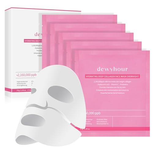dewyhour Collagen Face Mask: 5 Pack Hydrating Deep Collagen Mask Overnight Sheet Mask with Hyaluronic Acid | Firming & Elasticity Skin, Korean Skincare, Pore Minimizing, Glass Glow Skin