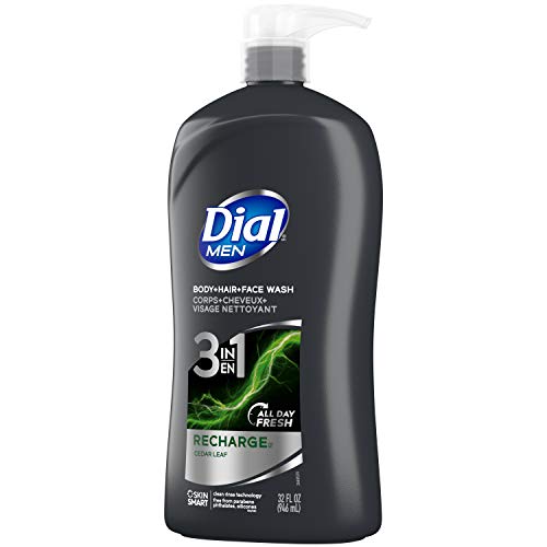 Dial Men 3 in 1 Body, Hair and Face Wash, Recharge, 32 Fl Oz, Cedar Leaf Scent, Cleanses Deep + Gentle on Skin with Clean Rinse Technology (Pack of 2)