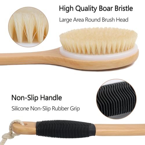 OWIIZI Round Head Back Scrub Brush for Body Shower, Wooden Long Handle Bristles Tub Soaping Bath Brushes, Skin Exfoliator Scrubber Brush for Men Women Elderly Wet or Dry Use