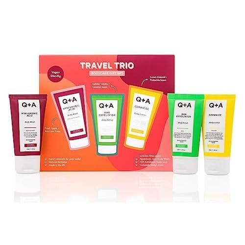 Q+A Travel Trio Body Care Giftset, containing a Hyaluronic Acid Body Wash, AHA Exfoliator Body Scrub, and a Ceramide Body Lotion, each item 50ml