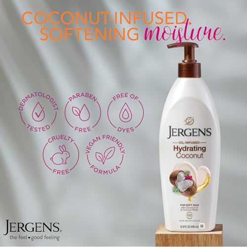 Jergens Hydrating Coconut Body Lotion,Hand and Body Moisturizer,Infused with Coconut Oil,Hydrates Dry Skin Instantly,Dermatologist Tested,16.8 oz,(Pack of 2)