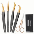 5pcs Eyelash Extension Tweezers, High Precision Lash Tweezers Scissors Set, Straight and Curved Eye Lash Tweezers for Extensions, with Storage Box