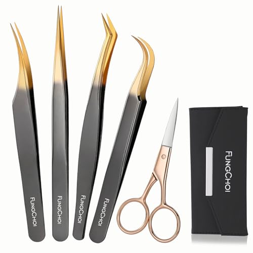5pcs Eyelash Extension Tweezers, High Precision Lash Tweezers Scissors Set, Straight and Curved Eye Lash Tweezers for Extensions, with Storage Box